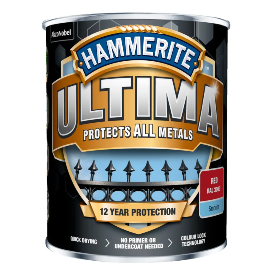 Hammerite Metalmaling Udendørs|Træ- & Metalmaling*Ultima metalmaling 750 ml Rød