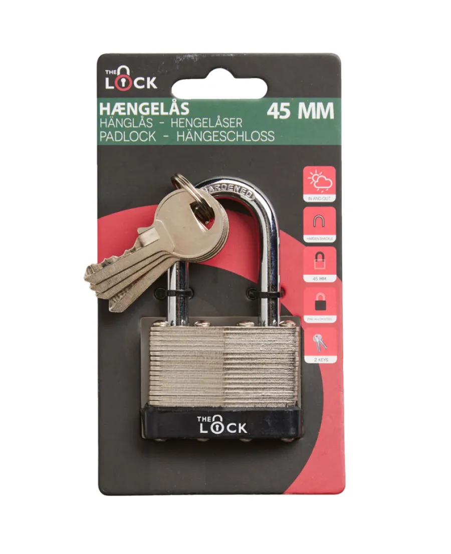 The lock Hængelåse*Hængelås Heavy Duty m/fire nøgler 45 mm Sølv