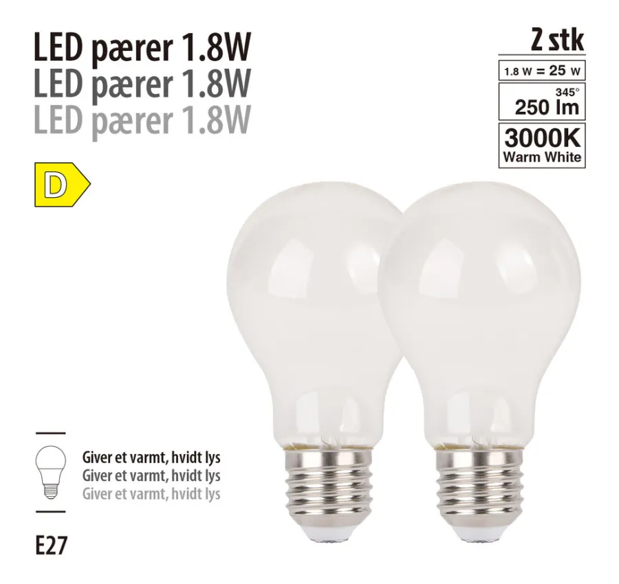 Led-Pærer*LED-filamentpære 1,8 W E27 2-pk.