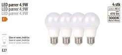Led-Pærer*LED-pære standard 4,9 W E27 4-pk.