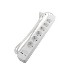 Elworks Stikdåser*6-stikdåse schuko m/USB og afbryder hvid 1,5 meter -