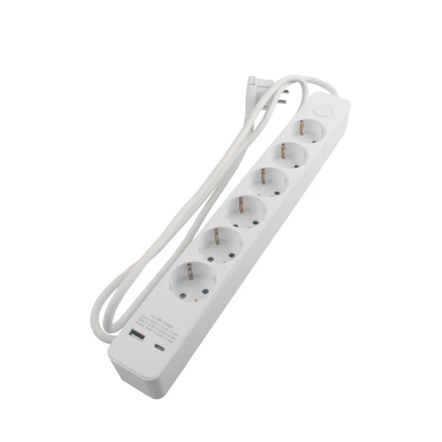 Elworks Stikdåser*6-stikdåse schuko m/USB og afbryder hvid 1,5 meter -