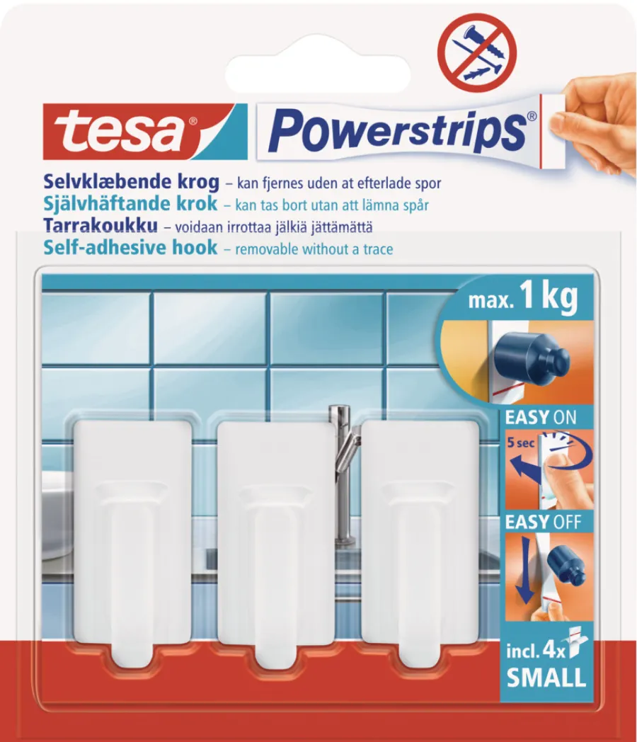 tesa® Klæbesøm*Powerstrips Kroge Classic Small 1 kg - 3 stk. Hvid